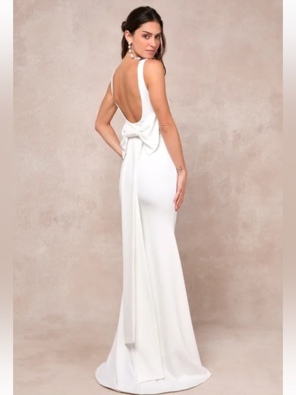 NWT Lulus Loving Fate White Bow Square Neck Backless Maxi Dress